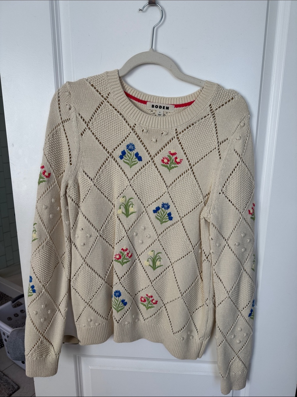 Boden Cream Embroidered Floral Crewneck Sweater